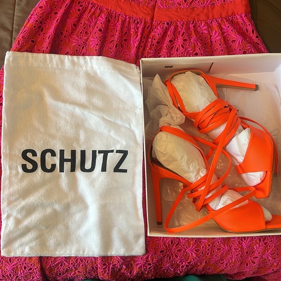 NWT Schutz Stiletto Gladiator Sandal Heels - "Bryce" Neon Orange Square toe 9.5M - Picture 8 of 16
